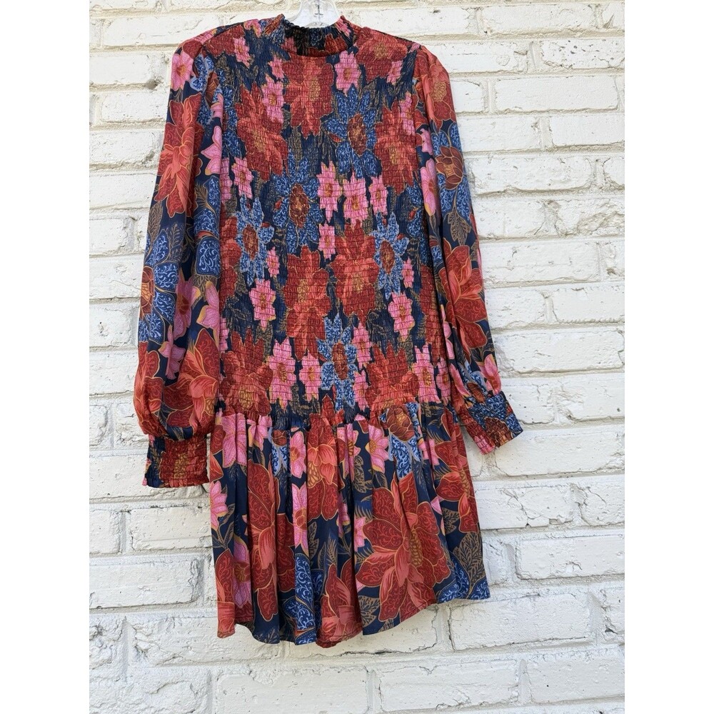 Farm Rio Garden Navy Smocked Floral Mini Dress Long Sleeve Size XS